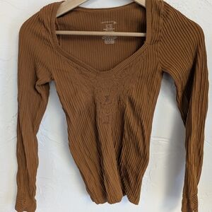 Free People Rust Long Sleeve Ribbed Top